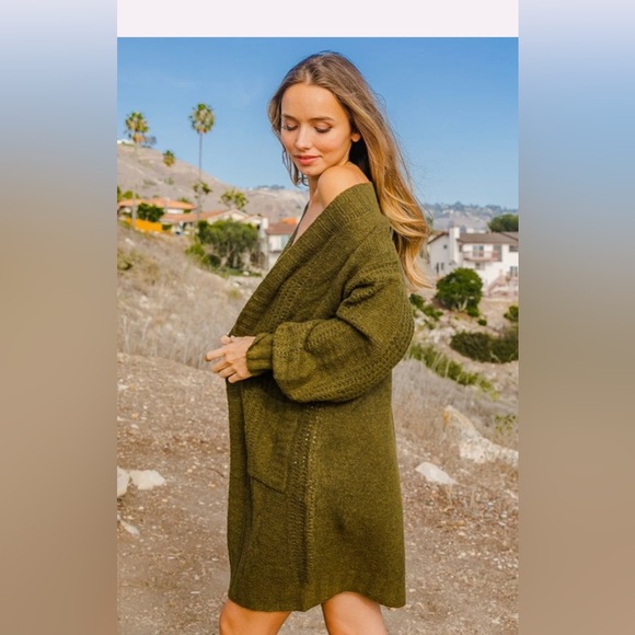 BIBI TWIST KNITTED OPEN FRONT CARDIGAN WITH POCKETS - Size Small, Green - Picture 2 of 6